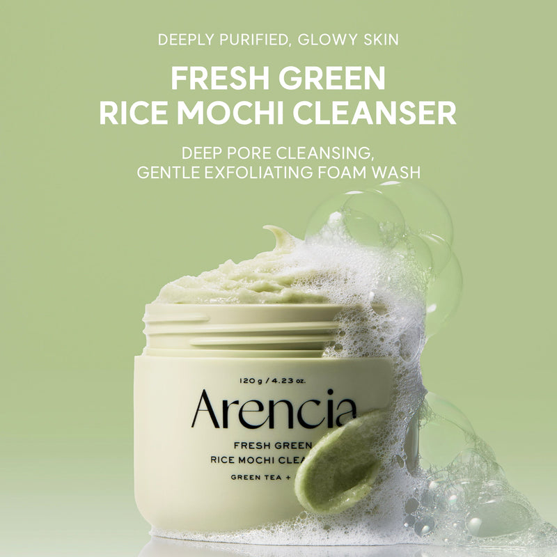 Nettoyant Arencia Fresh Green Rice Mochi Cleanser, pot de 120 g avec sa mousse