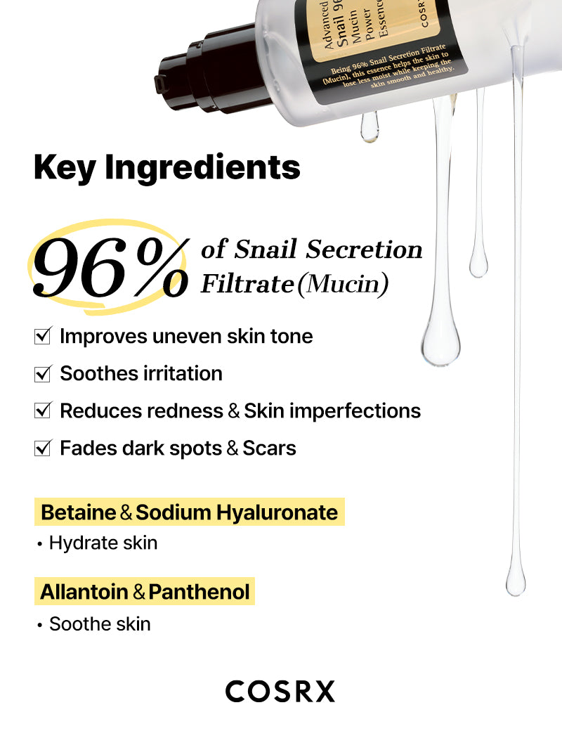 Ingrédients clés de l'essence COSRX Advanced Snail 96 : 96 % de filtrat de sécrétion d'escargot