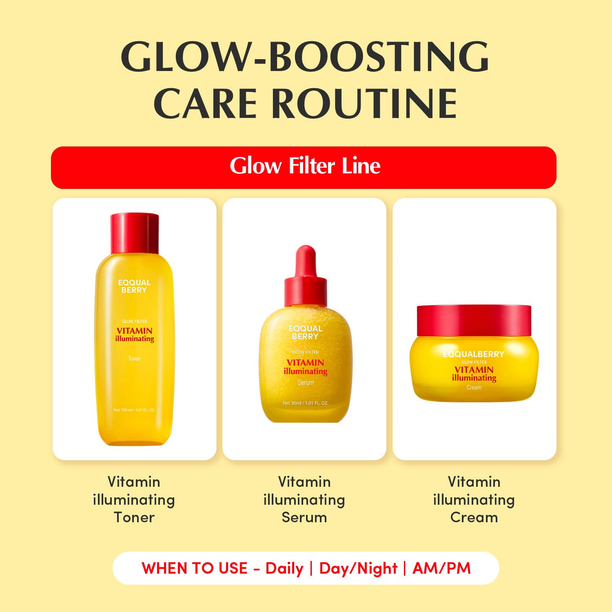 Routine éclat Eqqualberry Vitamin Illuminating : toner, sérum et crème