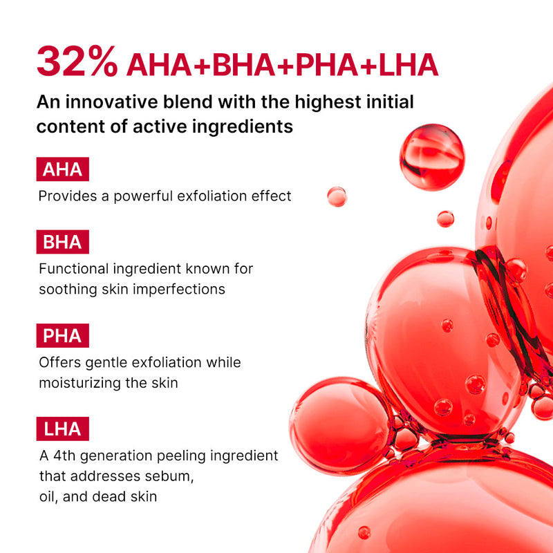 Actifs du spray Medicube Red Body Peeling Shot : AHA, BHA, PHA et LHA (32 %)