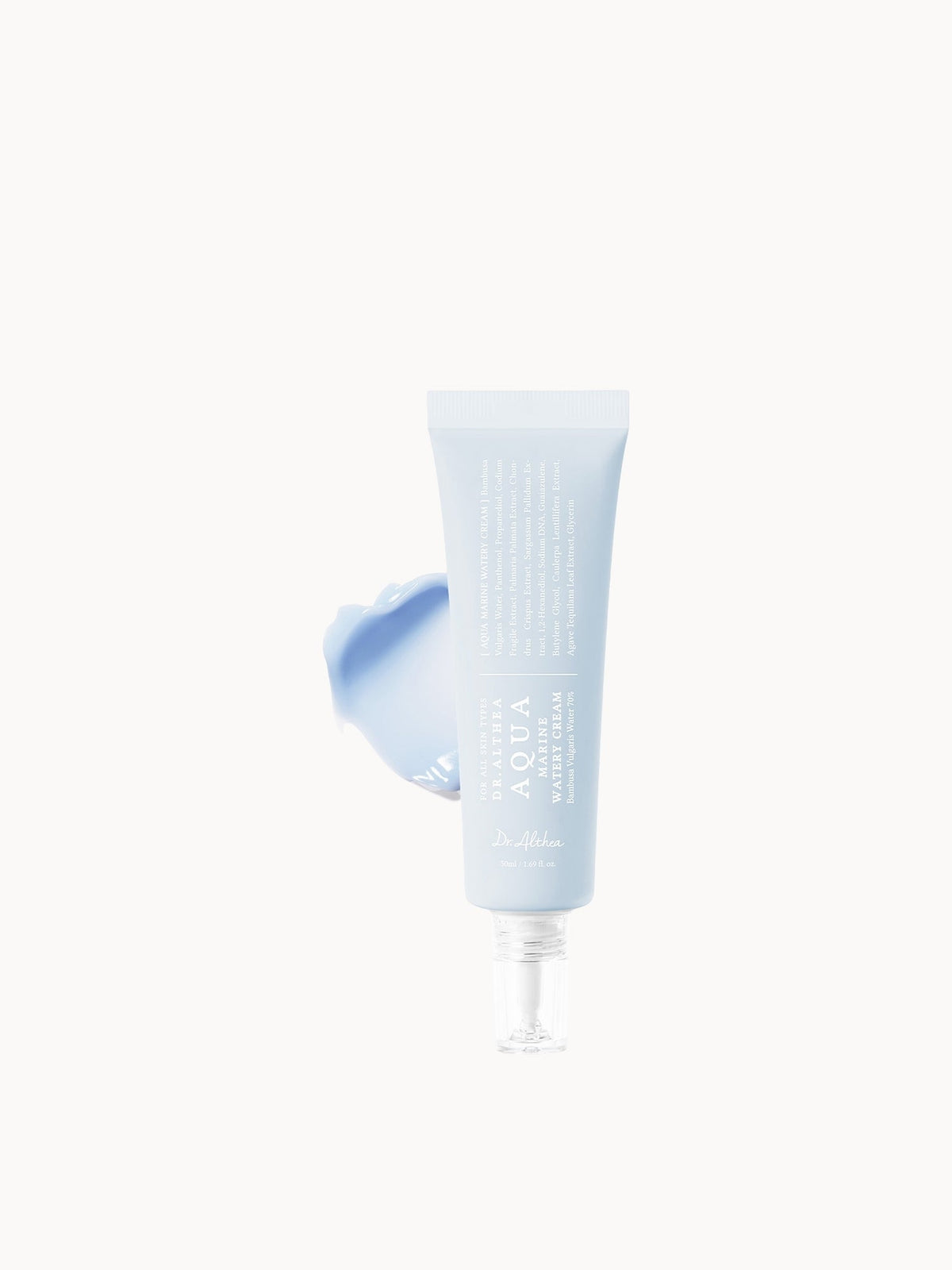 Tube Dr.Althea Aqua Marine Watery Cream 50 ml et sa texture bleue