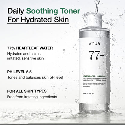 Toner ANUA Heartleaf 77% Soothing Toner : 77 % d'eau de heartleaf, pH 5,5, sans irritants