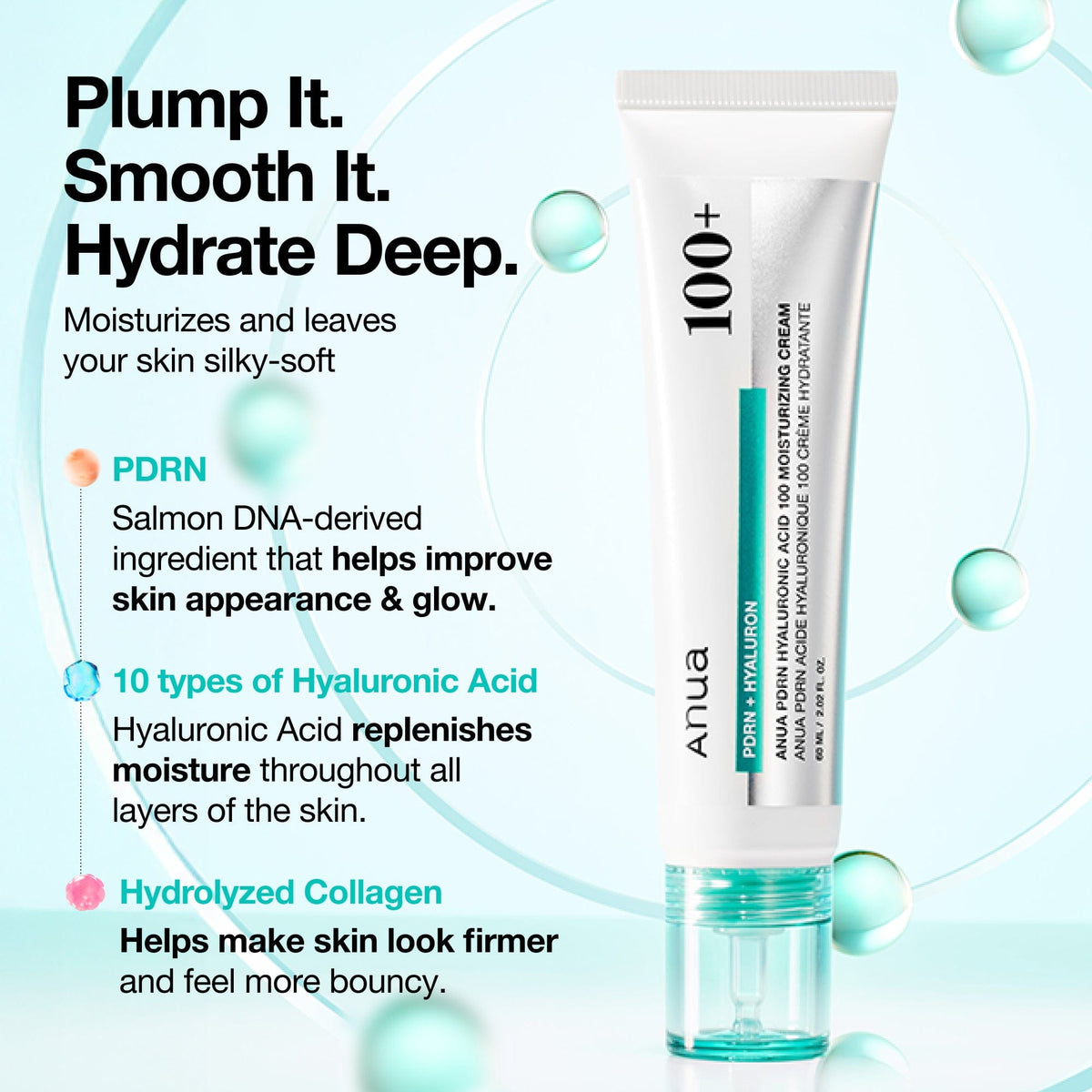 Ingrédients clés de la crème ANUA PDRN Hyaluronic Acid 100+ : PDRN, 10 types d'acide hyaluronique, collagène hydrolysé