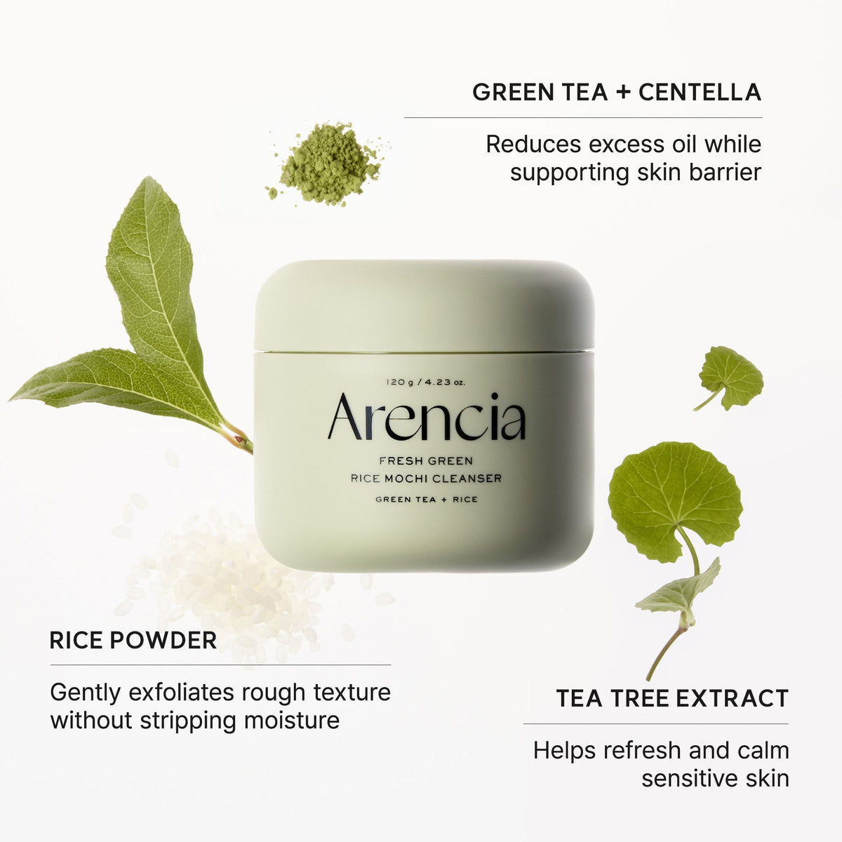 Ingrédients clés du nettoyant Arencia Fresh Green Rice Mochi Cleanser : thé vert, centella, poudre de riz