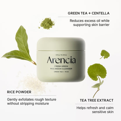 Ingrédients clés du nettoyant Arencia Fresh Green Rice Mochi Cleanser : thé vert, centella, poudre de riz