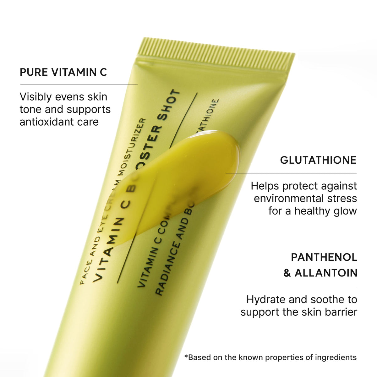 Actifs du sérum Arencia Vitamin C Booster Shot : vitamine C pure, glutathion, panthénol et allantoïne