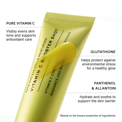 Actifs du sérum Arencia Vitamin C Booster Shot : vitamine C pure, glutathion, panthénol et allantoïne