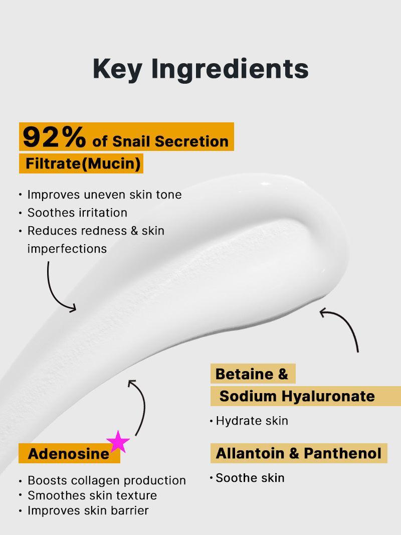 Ingrédients clés de la crème COSRX Advanced Snail 92 : 92 % de mucine d'escargot, bétaïne, adénosine