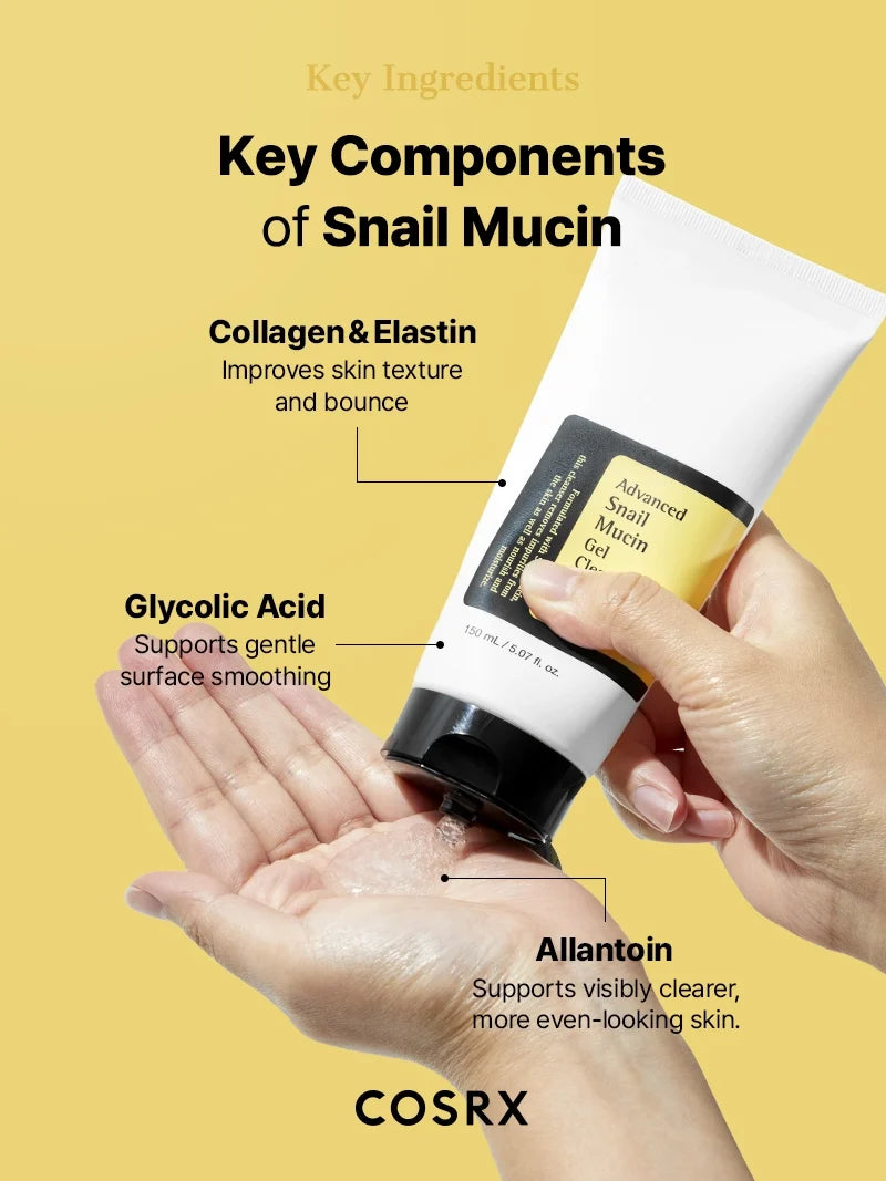 Ingrédients clés du gel nettoyant COSRX Snail Mucin : collagène, élastine, acide glycolique, allantoïne