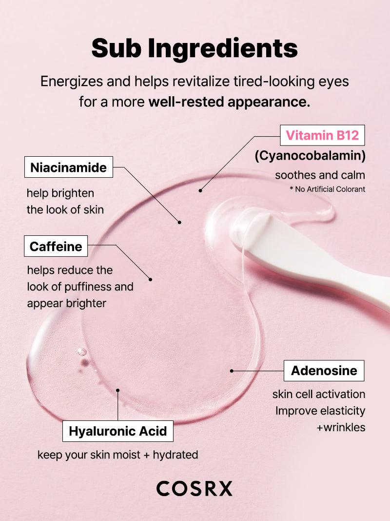 Ingrédients complémentaires des patchs yeux COSRX : niacinamide, caféine, vitamine B12, acide hyaluronique