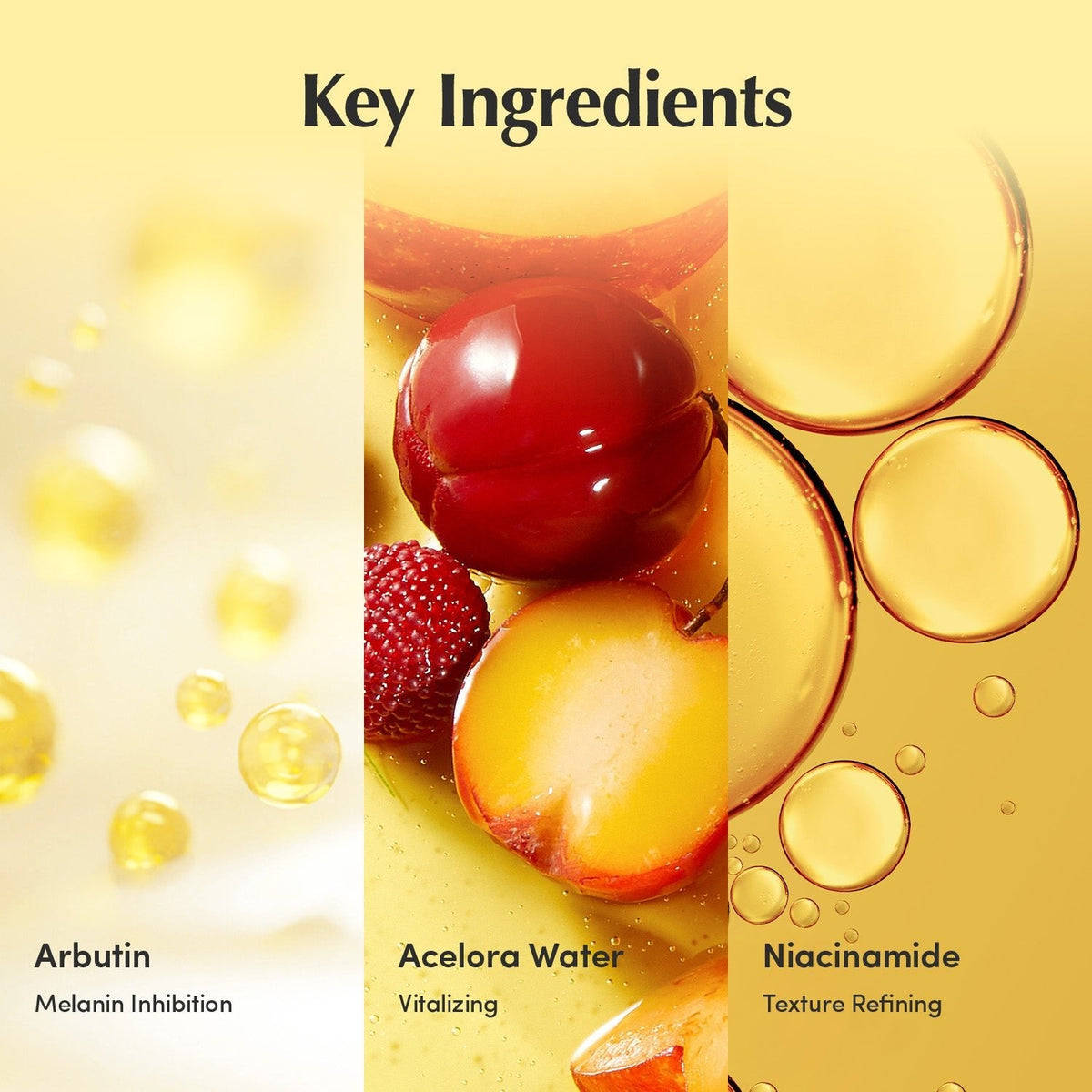 Ingrédients clés du sérum Eqqualberry Vitamin Illuminating : arbutine, acérola, niacinamide