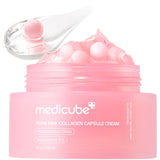 Pot de la crème Medicube PDRN Pink Collagen Capsule Cream, 55 g, avec ses capsules roses