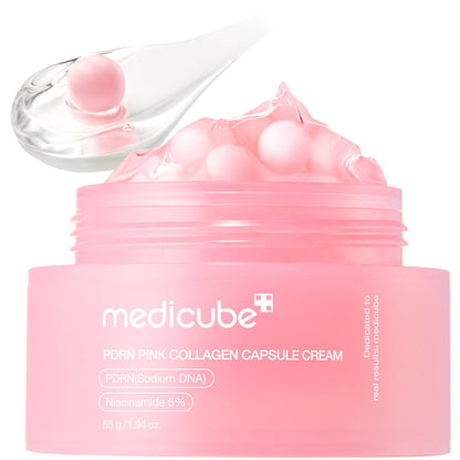 Pot de la crème Medicube PDRN Pink Collagen Capsule Cream, 55 g, avec ses capsules roses