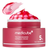 Pot de la crème Medicube TXA Niacinamide Capsule Cream, 55 g, avec ses capsules rouges