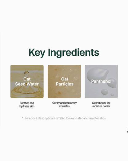 Ingrédients clés du nettoyant Purito Seoul Oat-in : eau d'avoine, particules d'avoine, panthénol